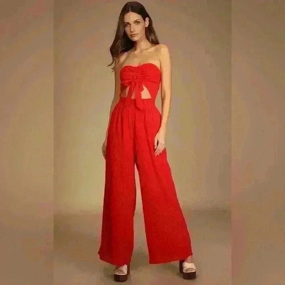 Spring Garden Red Strapless Wide-Leg Jumpsuit - Picture 1 of 6